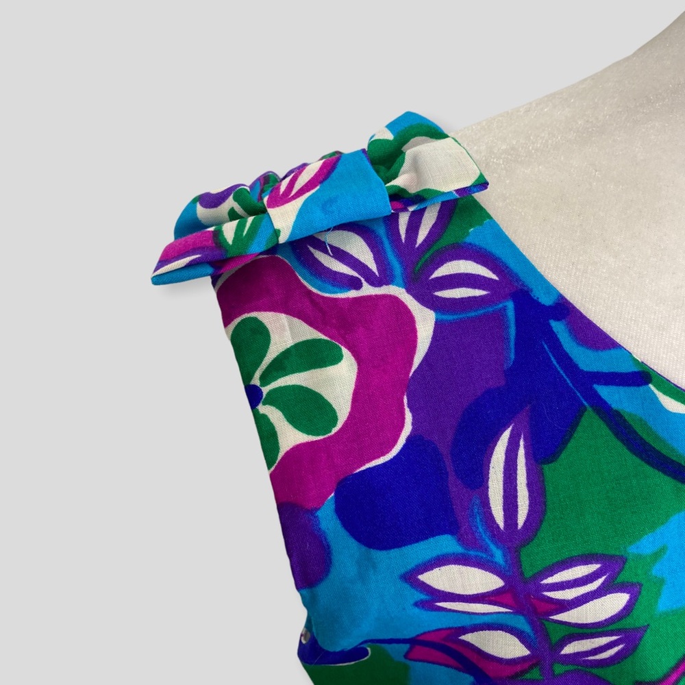 Vintage Blue Purple Green White Hawaiian Floral Print Dress with Bow Detail - Picture 2 of 8